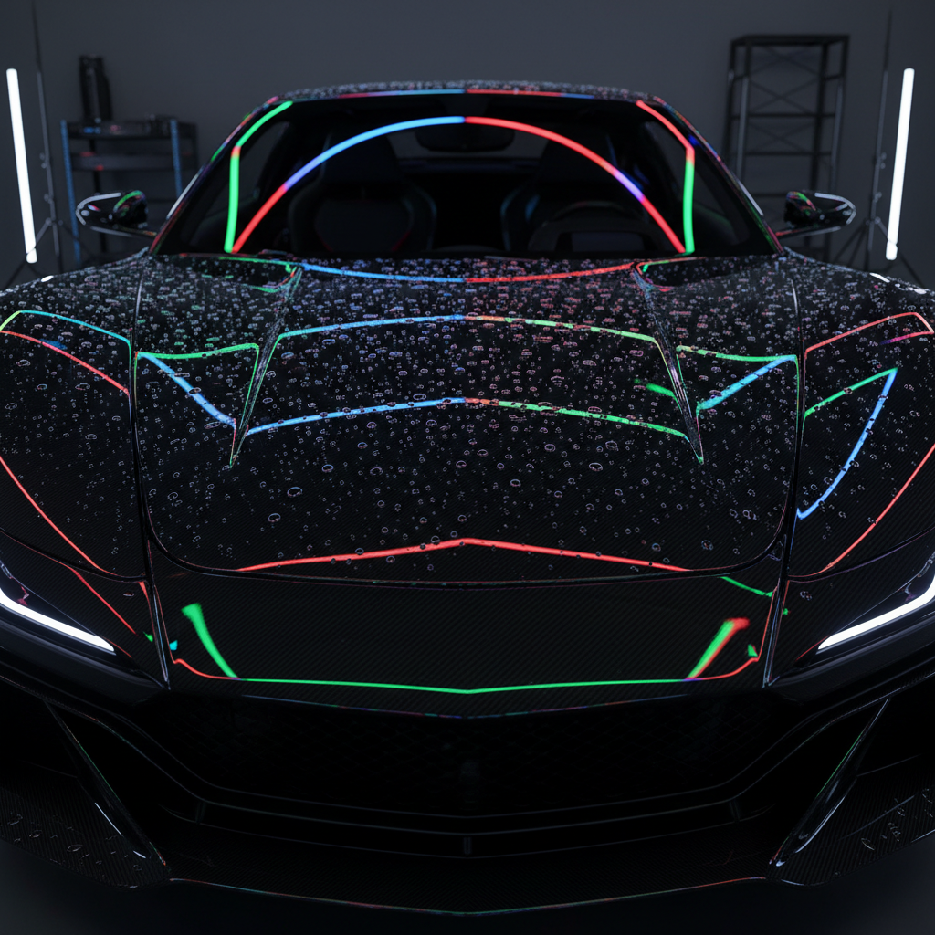 9H ceramic coated black hypercar hood with hyper-reflective mirror gloss and perfect water beads