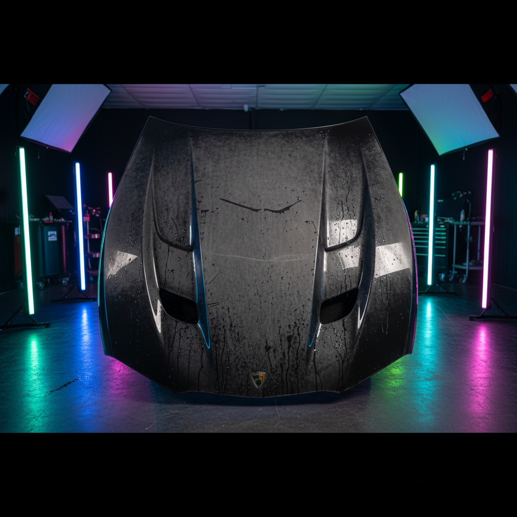 Uncoated black hypercar hood with oxidized clearcoat, swirl marks and flat water pooling